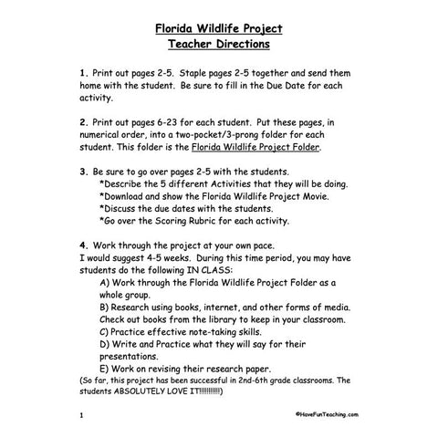 Florida Wildlife Project Worksheet