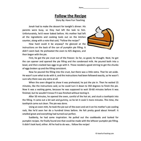 Follow the Recipe Reading Comprehension Worksheet