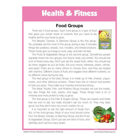 Food Groups Health and Fitness Reading Comprehension Worksheet