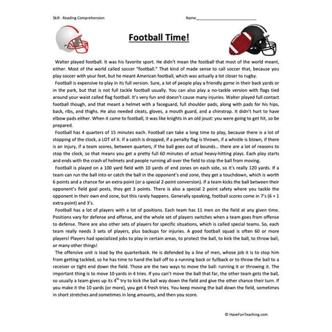 Football Time Sixth Reading Comprehension Worksheet