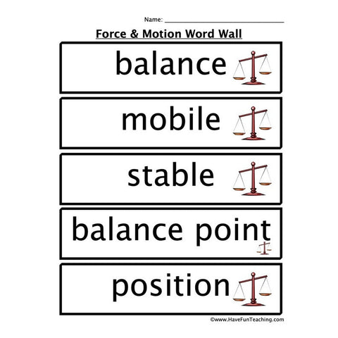 Force Motion Word Wall Worksheet