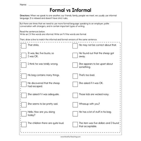 Formal Vs Informal Worksheet