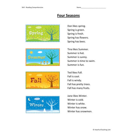 Four Seasons Reading Comprehension Worksheet