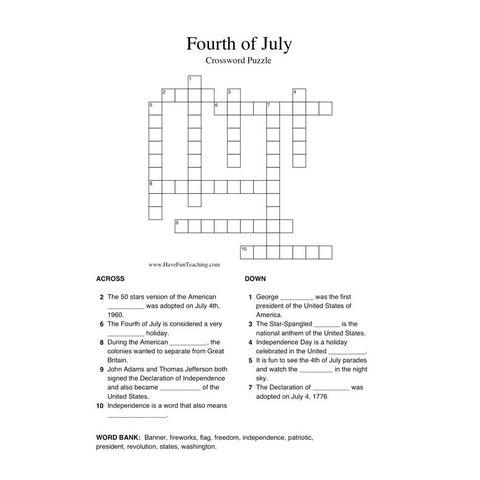 Fourth of July Crossword Puzzle Worksheet