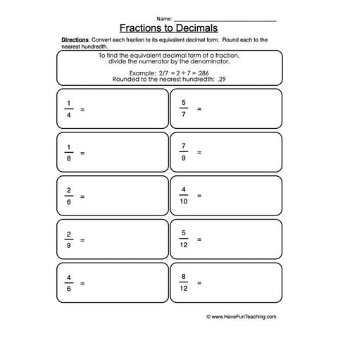 Fractions Decimals Worksheet
