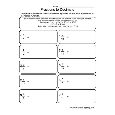 Fractions Decimals Worksheet 2
