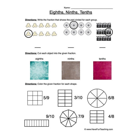 Fractions Eighth Ninth Tenth Worksheet