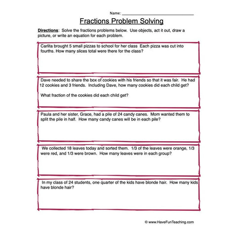 Fractions Problem Solving Worksheet