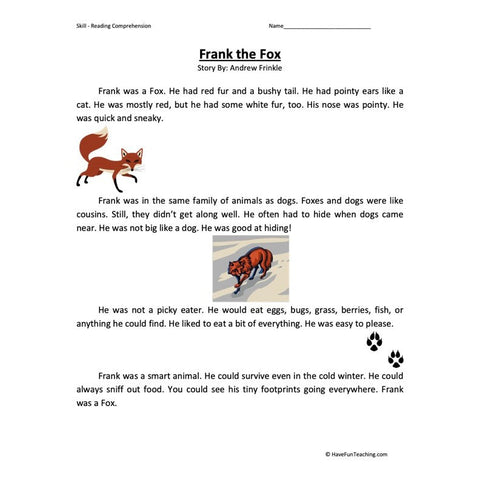 Frank the Fox Reading Comprehension Worksheet