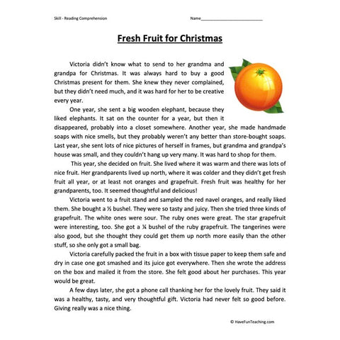 Fresh Fruit for Christmas Reading Comprehension Worksheet