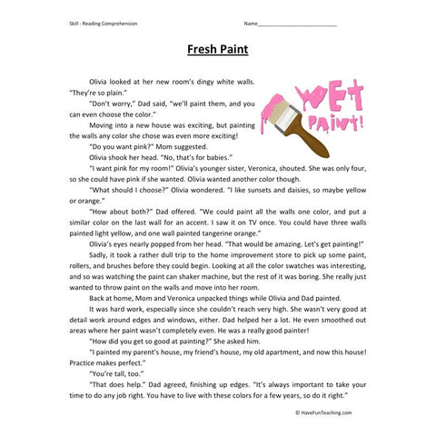 Fresh Paint Reading Comprehension Worksheet