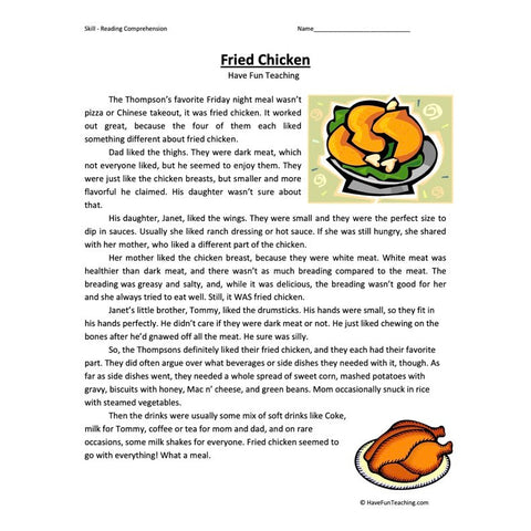 Fried Chicken Reading Comprehension Worksheet