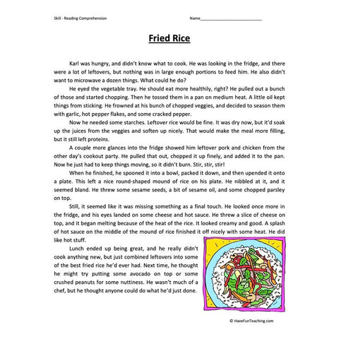 Fried Rice Reading Comprehension Worksheet