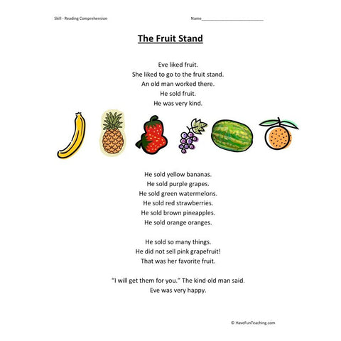 Fruit Stand Reading Comprehension Worksheet