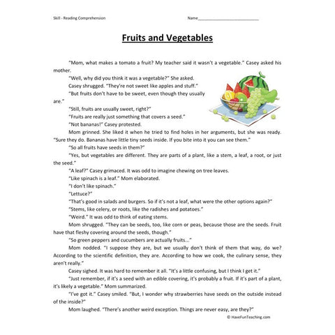 Fruits and Vegetables Reading Comprehension Worksheet