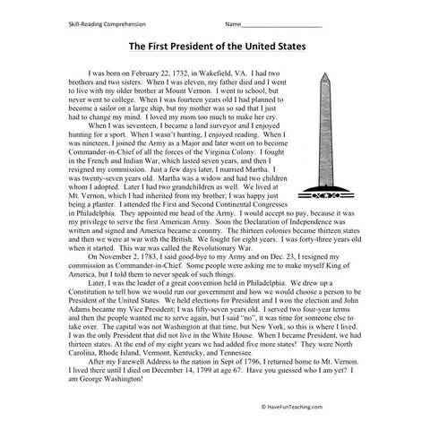 George Washington Reading Comprehension Worksheet