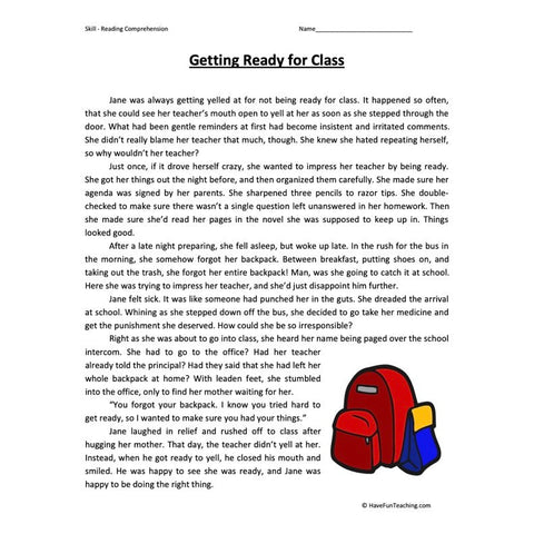 Getting Ready for Class Reading Comprehension Worksheet