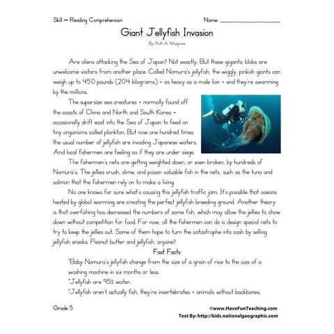 Giant Jellyfish Invasion Worksheet
