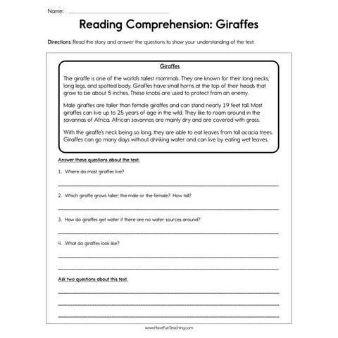 Giraffes Reading Comprehension Worksheet