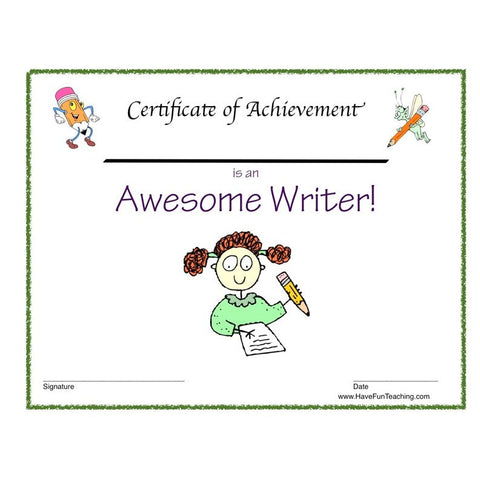Girl Awesome Writer Certificate Worksheet
