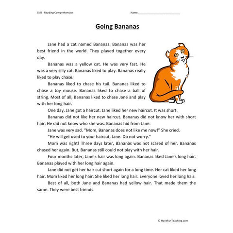 Going Bananas Reading Comprehension Worksheet