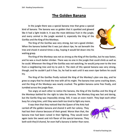 Golden Banana Reading Comprehension Worksheet