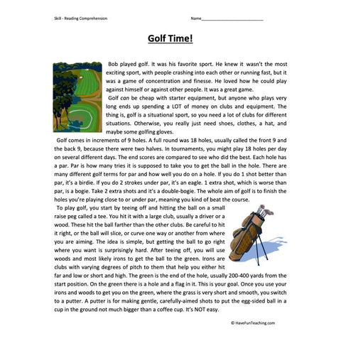 Golf Time Reading Comprehension Worksheet