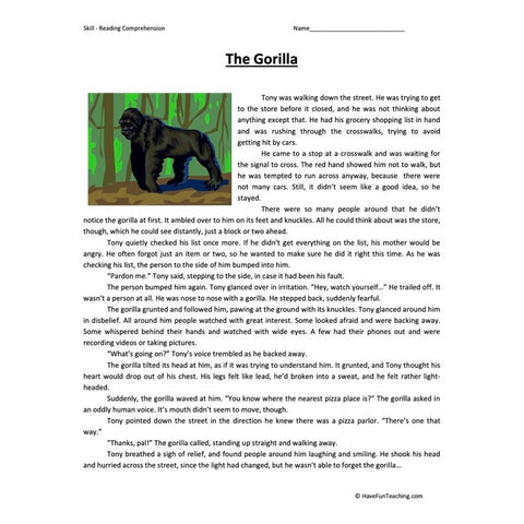 Gorilla Reading Comprehension Worksheet
