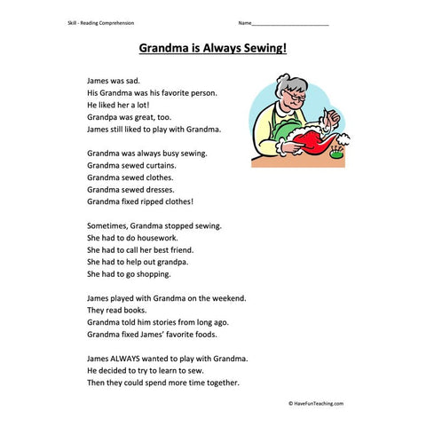 Grandma Is Always Sewing Reading Comprehension Worksheet
