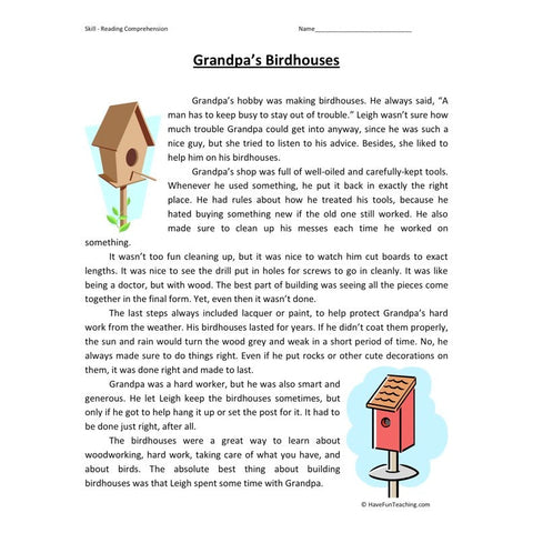 Grandpas Bird Houses Reading Comprehension Worksheet