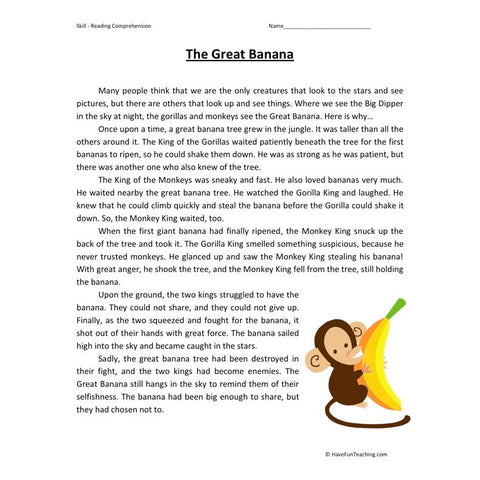 Great Banana Reading Comprehension Worksheet