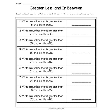 Greater Less and in Between Worksheet