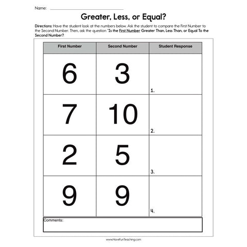 Greater Less or Equal Worksheet