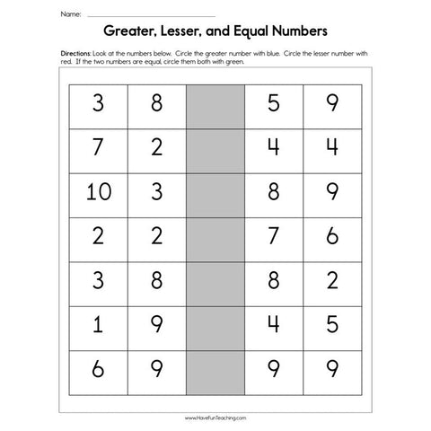 Greater Lesser and Equal Numbers Worksheet