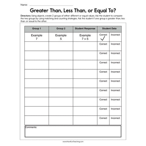 Greater Than Less Than or Equal to Assessment Worksheet