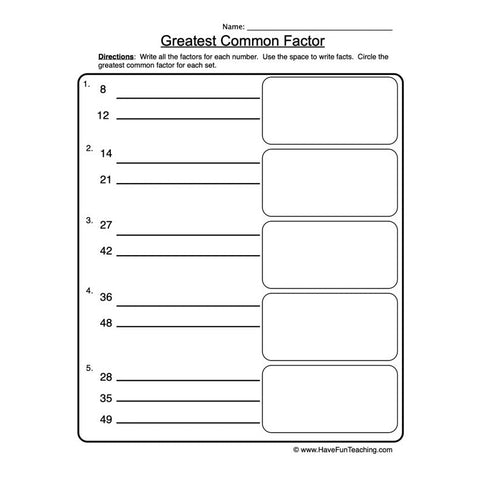 Greatest Common Factor Worksheet