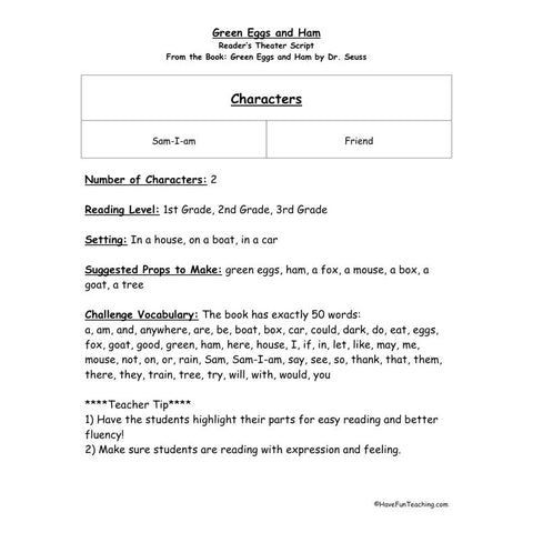 Green Eggs and Ham Worksheet