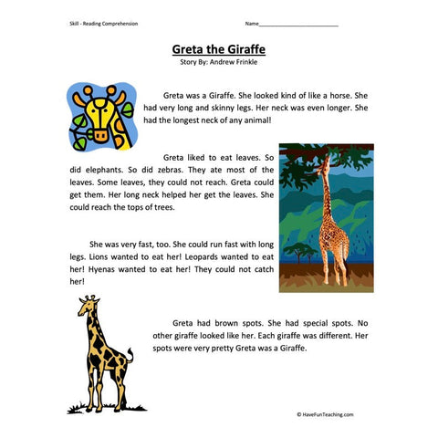 Greta the Giraffe Reading Comprehension Worksheet