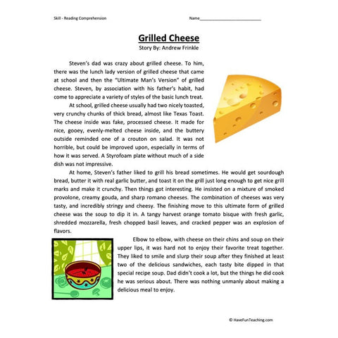 Grilled Cheese Sixth Reading Comprehension Worksheet