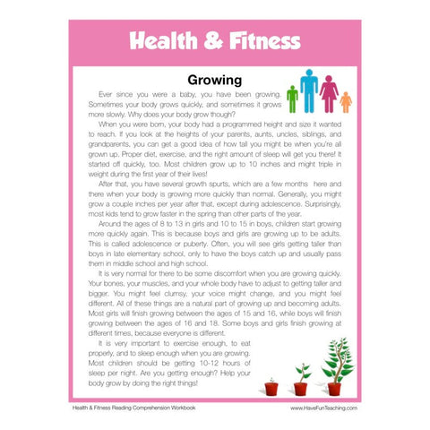 Growing Health and Fitness Reading Comprehension Worksheet