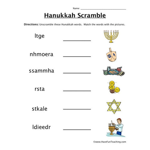 Hanukkah Scramble Worksheet