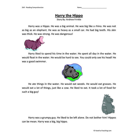 Harry the Hippo Reading Comprehension Worksheet