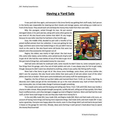 Having a Yard Sale Reading Comprehension Worksheet