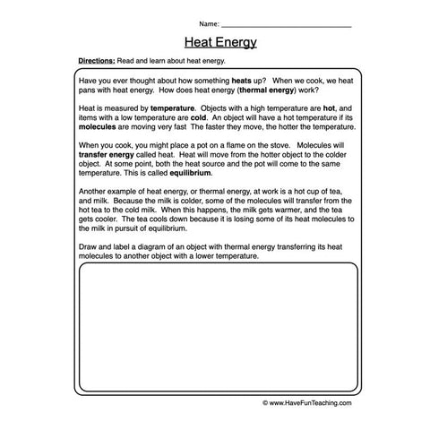 Heat Energy Worksheet