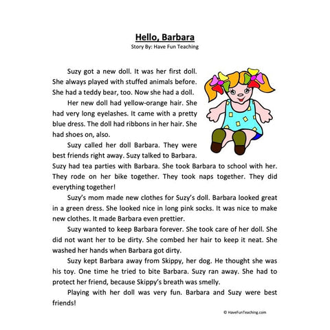 Hello Barbara Reading Comprehension Worksheet