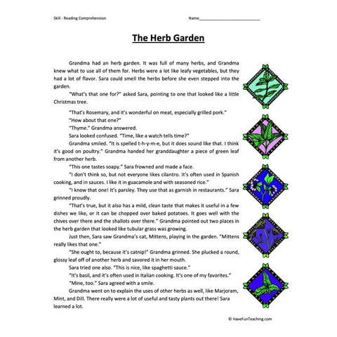 Herb Garden Reading Comprehension Worksheet