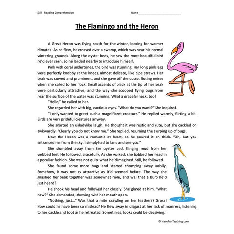 Heron and the Flamingo Reading Comprehension Worksheet