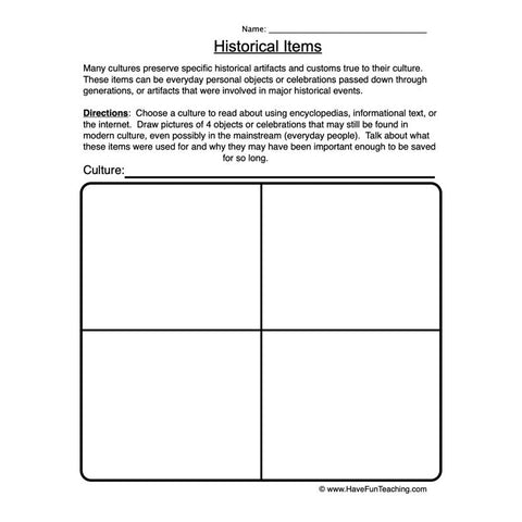 Historical Items Worksheet