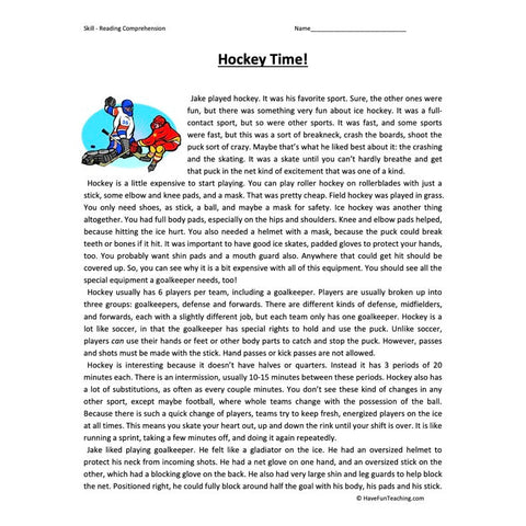 Hockey Time Reading Comprehension Worksheet