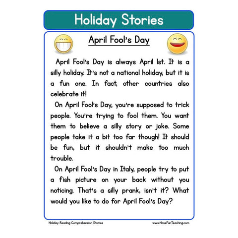 Holiday Stories Comprehension April Fools Day Worksheet